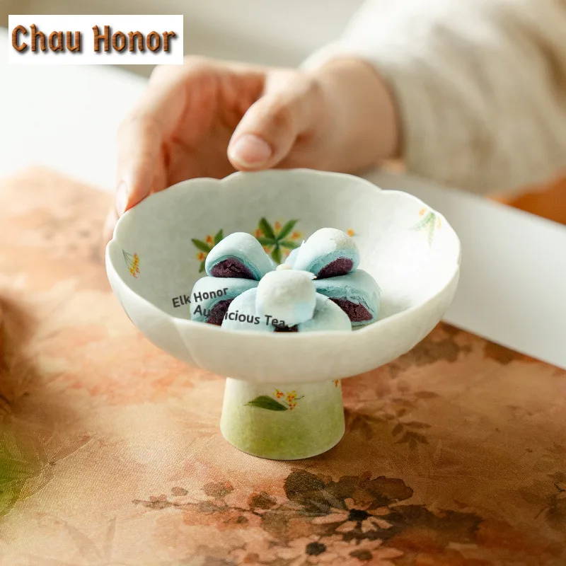 Hand-painted Osmanthus Flowers Fruit Dishes Handmade Pastry Plate Food Storage Tray Hospitality Dishes Tea Services Collectible
