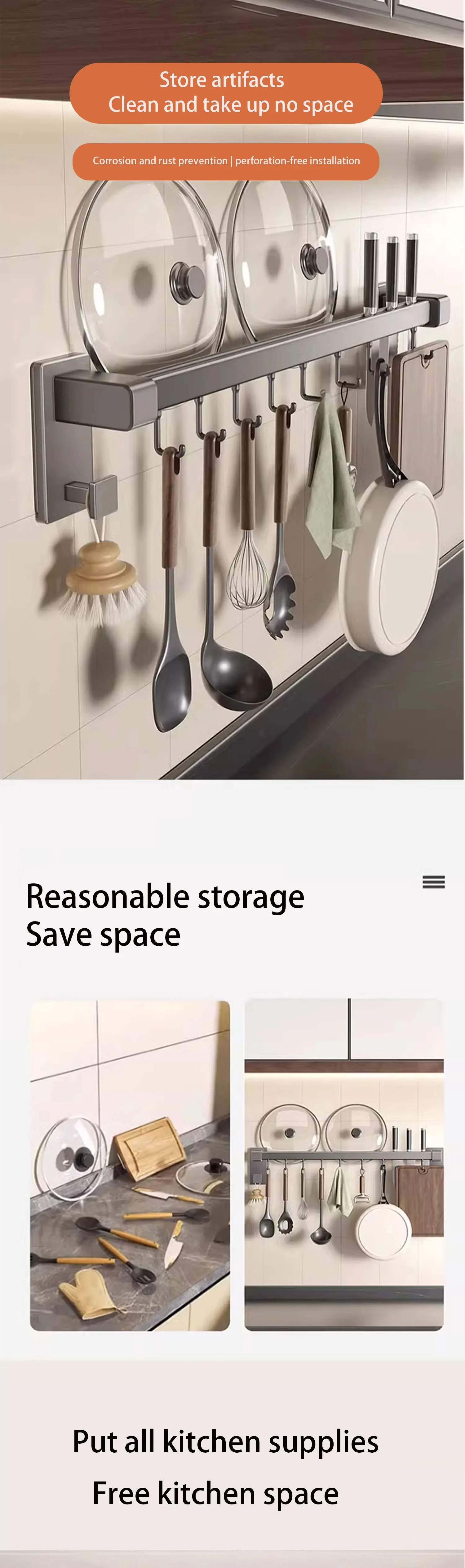 Description Picture 2 of itemWall Mounted Kitchen Rack Aluminum Movable Hook Spoon Shovel Holder Spatula Chop Organizer Home appliances Kitchen Accessories