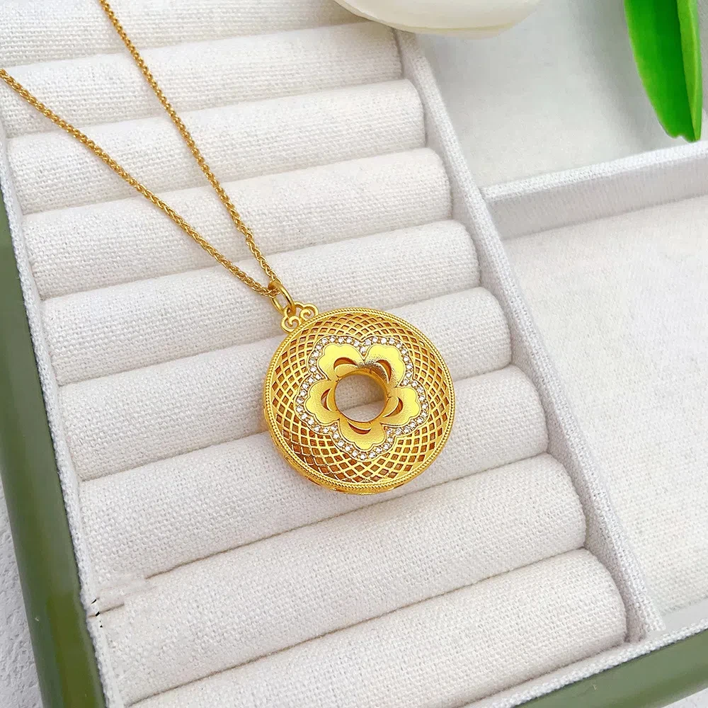 9999 24K real gold inlaid silk safety buckle pendant hollow disc necklace Chinese chic ethnic sweater for men and women