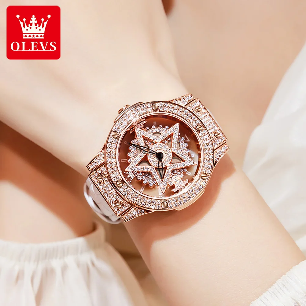 OLEVS Elegant Quartz Watch for Women Luxury Star Snowflake Dial Women's Watches Leather Strap Fashion Ladies Wrist Watches Clock