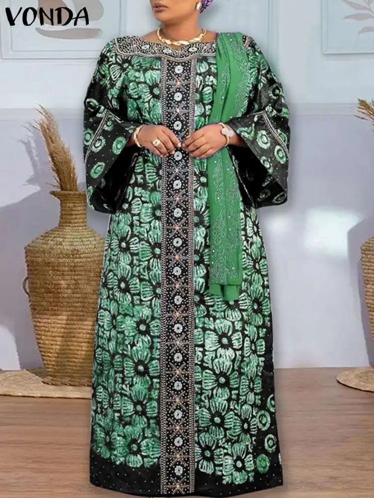 

VONDA женское богемное Платье макси с цветочным принтом 2024 винтажное платье с круглым вырезом и длинным рукавом осеннее платье Vestido Femme сарафан мешковатый