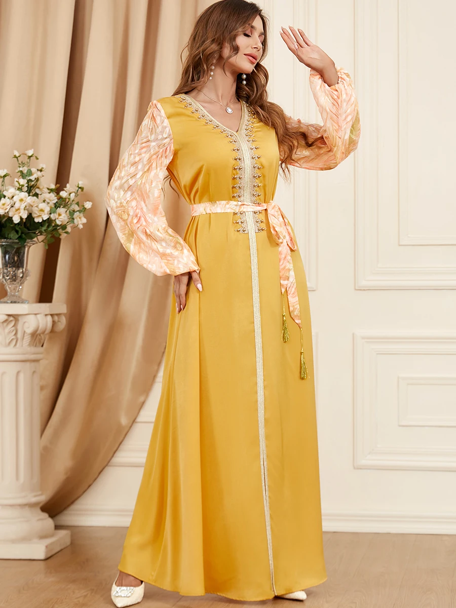Beading Arabic Dresses for Women Party Evening Kuwaiti Jalabiyat Patchwork Dubai Saudi Gown Islamic Muslim Abaya Ramadan Eid