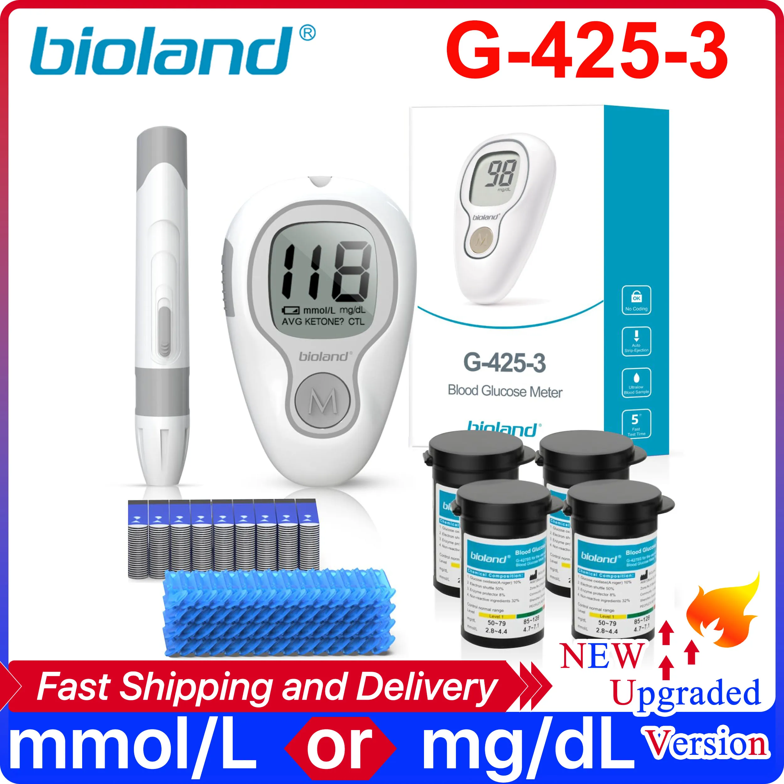 bioland G-425-3 Glucometer Kit Complete Test Strips with Lancets Blood Sugar Testing Machine for Diabetes Blood Glucose Meter