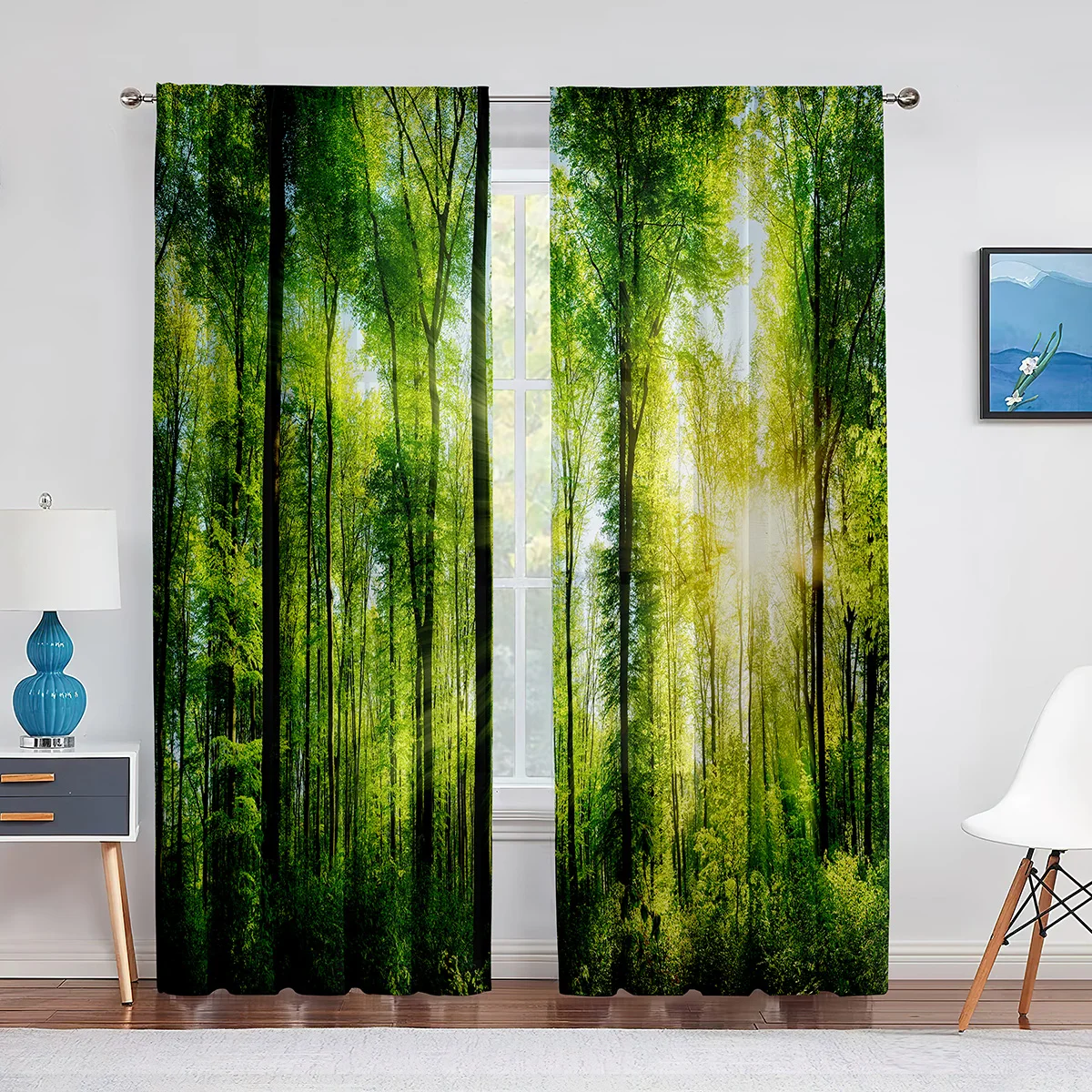 Woodland Forest Foliage Sunbeams Nature View Tulle Curtains for Living Room Bedroom Kitchen Decor Sheer Voile Curtains Window