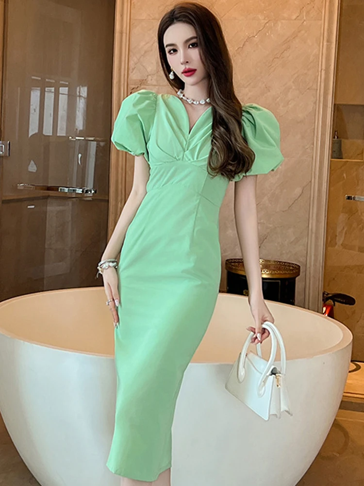 

Летнее Длинное Вечернее платье, женская одежда, элегантное красивое официальное шикарное платье средней длины с V-образным вырезом и запахом, женское платье