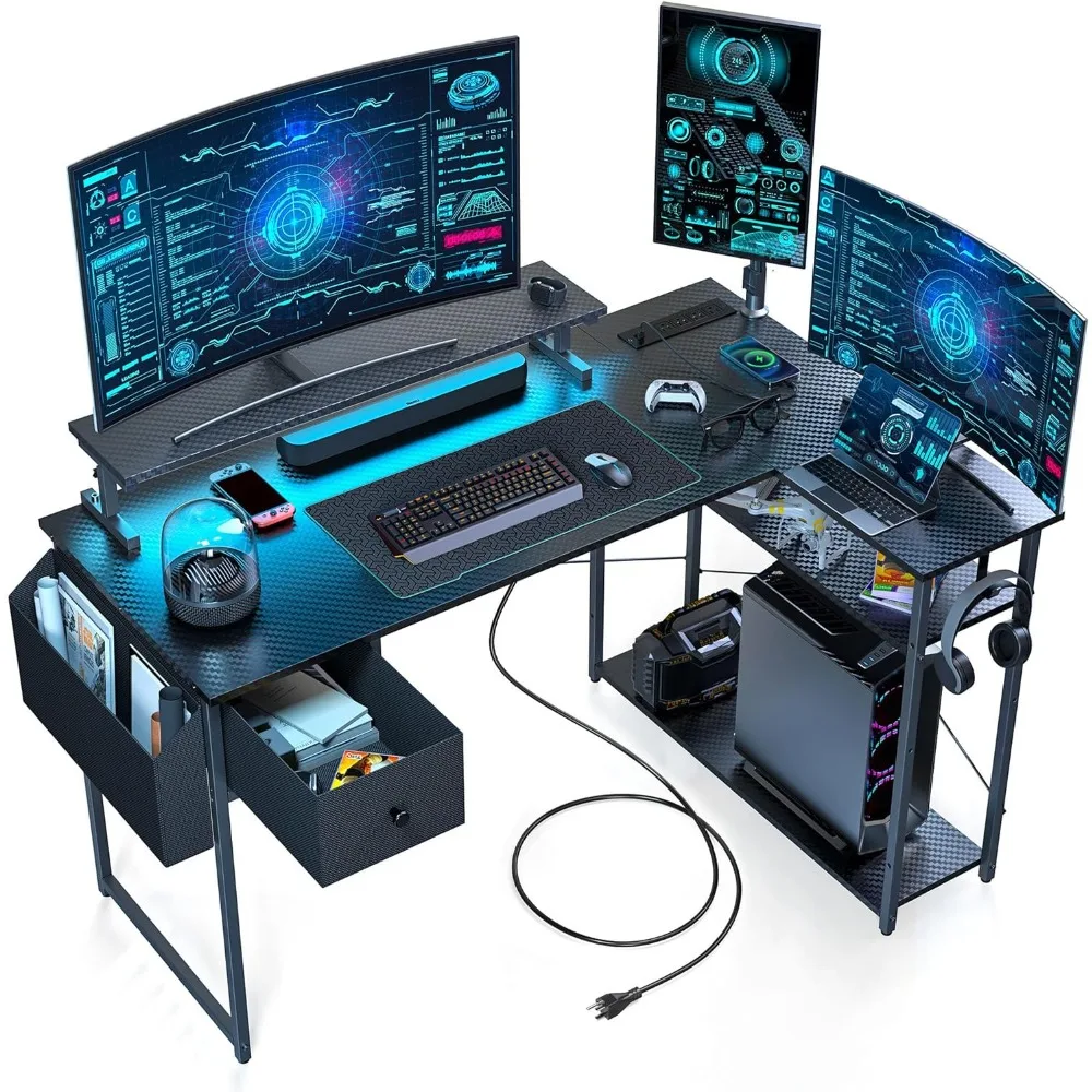 

47 inch L Shaped Gaming Desk with LED Lights & Adjustable Stand, Power Outlets, Reversible Gaming Desk with Shelves,Hook