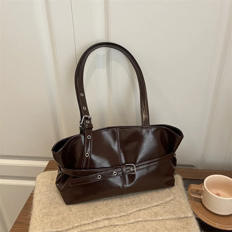New Fashionable Versatile Belt Buckle Handbag Korean Style Solid Color Soft Leather Women’s Casual Shoulder Bag Underarm Bag