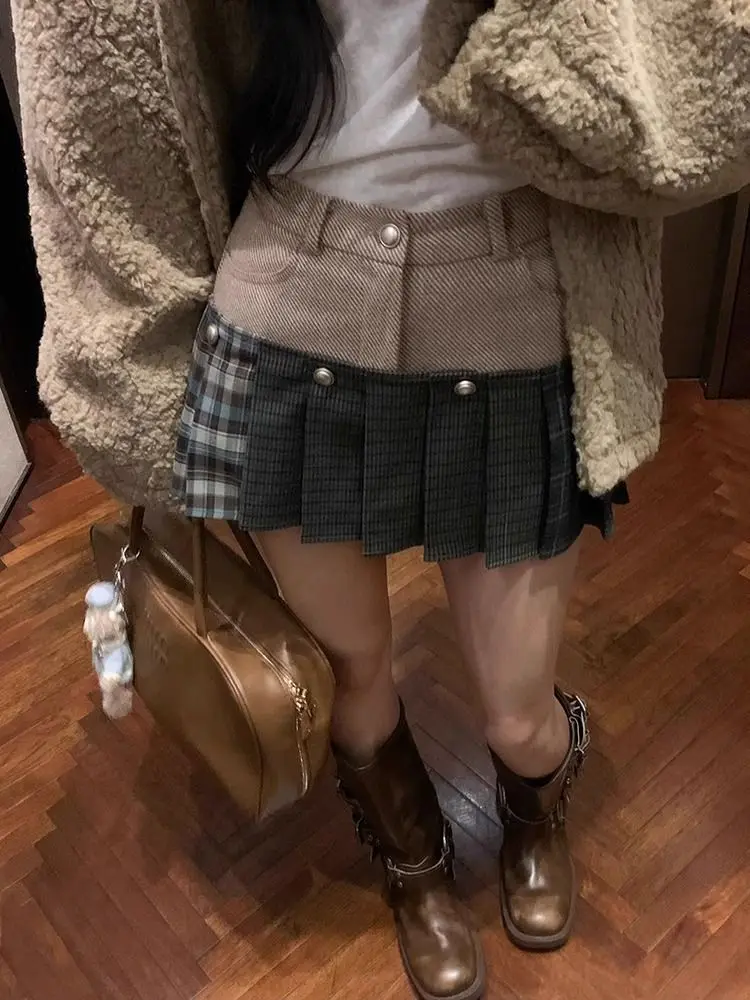 Kpop Plaid Skirt New Design High Waist Removable Pleated Skirt Gyaru Clothes Luxury Streetwear Autumn Winter