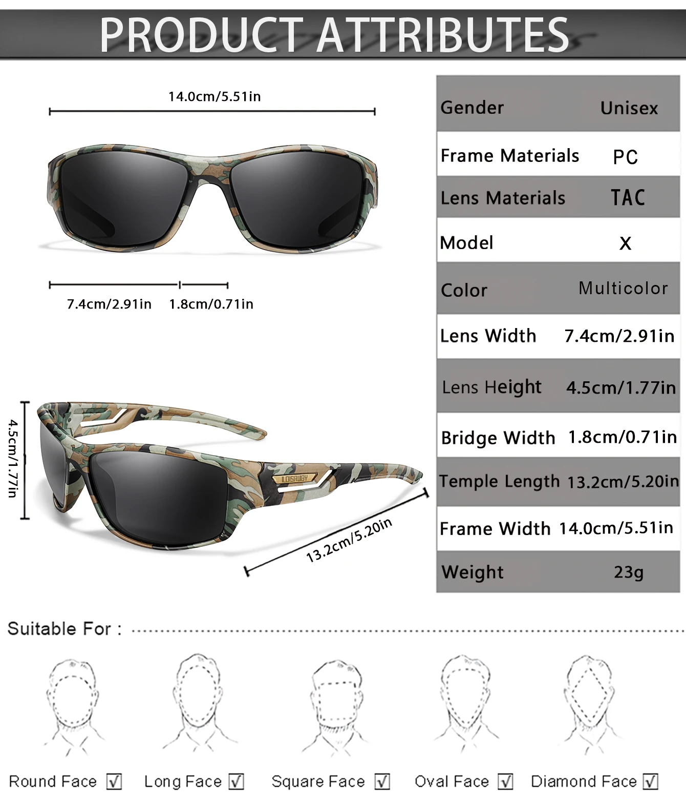 Description Picture 3 of itemLOISRUBY Polarized Fishing Sunglasses Men Camouflage Driving Outdoor Sports Cycling Running Goggles UV400 Tackle Eyewear