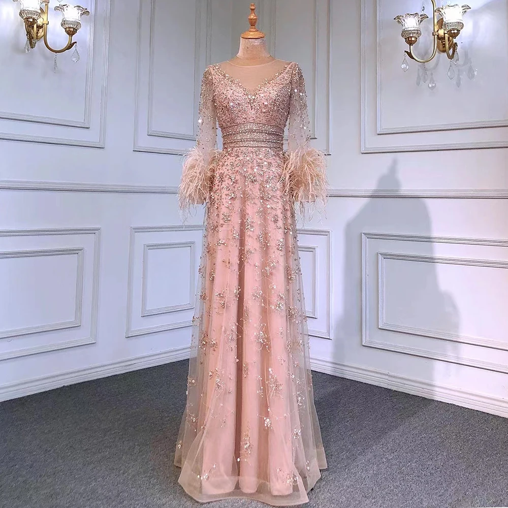 Tanio Serene Hill eleganckie pióra szampana z długim rękawem suknie