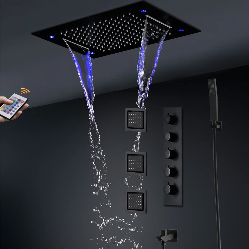 

Black Shower 4 Functions Shower Faucets Set Ceiling rain LED waterfall Massage body jets Thermostatic system