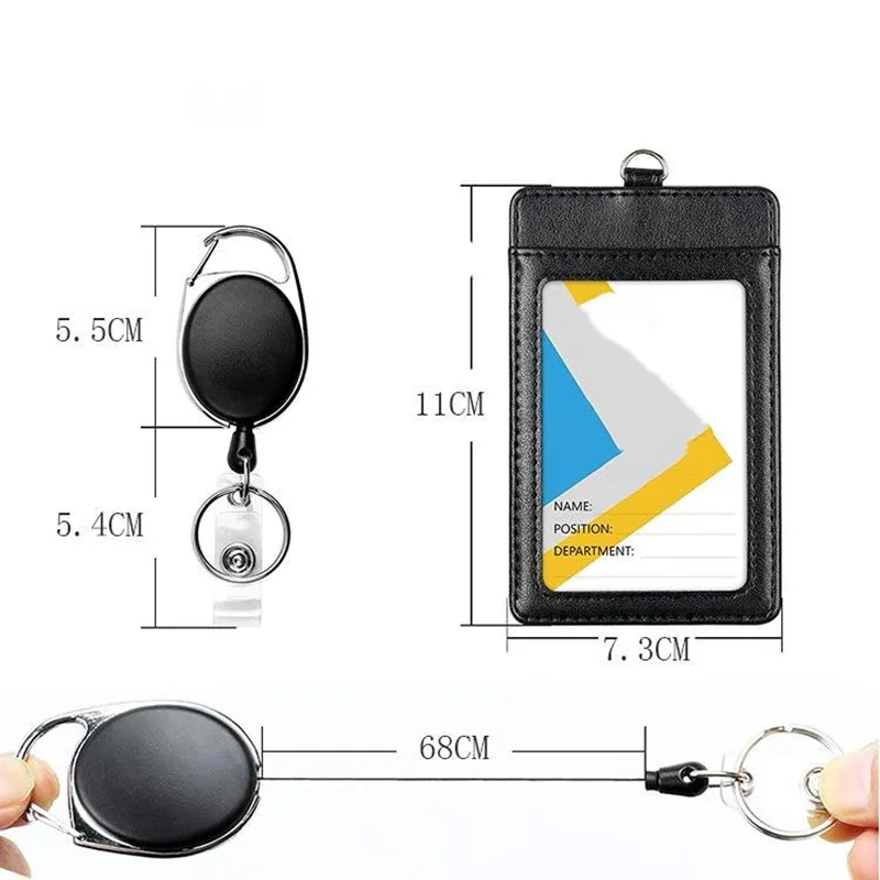 Women Men Black Card Wallet Retractable Key Chain Lanyard for Keys ID Card PU Leather Bus Pass Case Cover Badge Holder