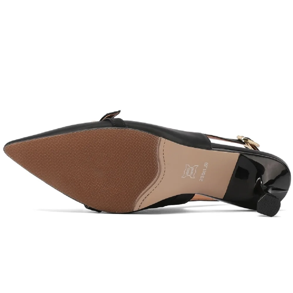 【JOCHEBED HU】Brand Genuine Leather Women Shoes Pointed Toe Slingback Ladies Pumps Thin Mid Heel Buckle Single Shoes 33-43