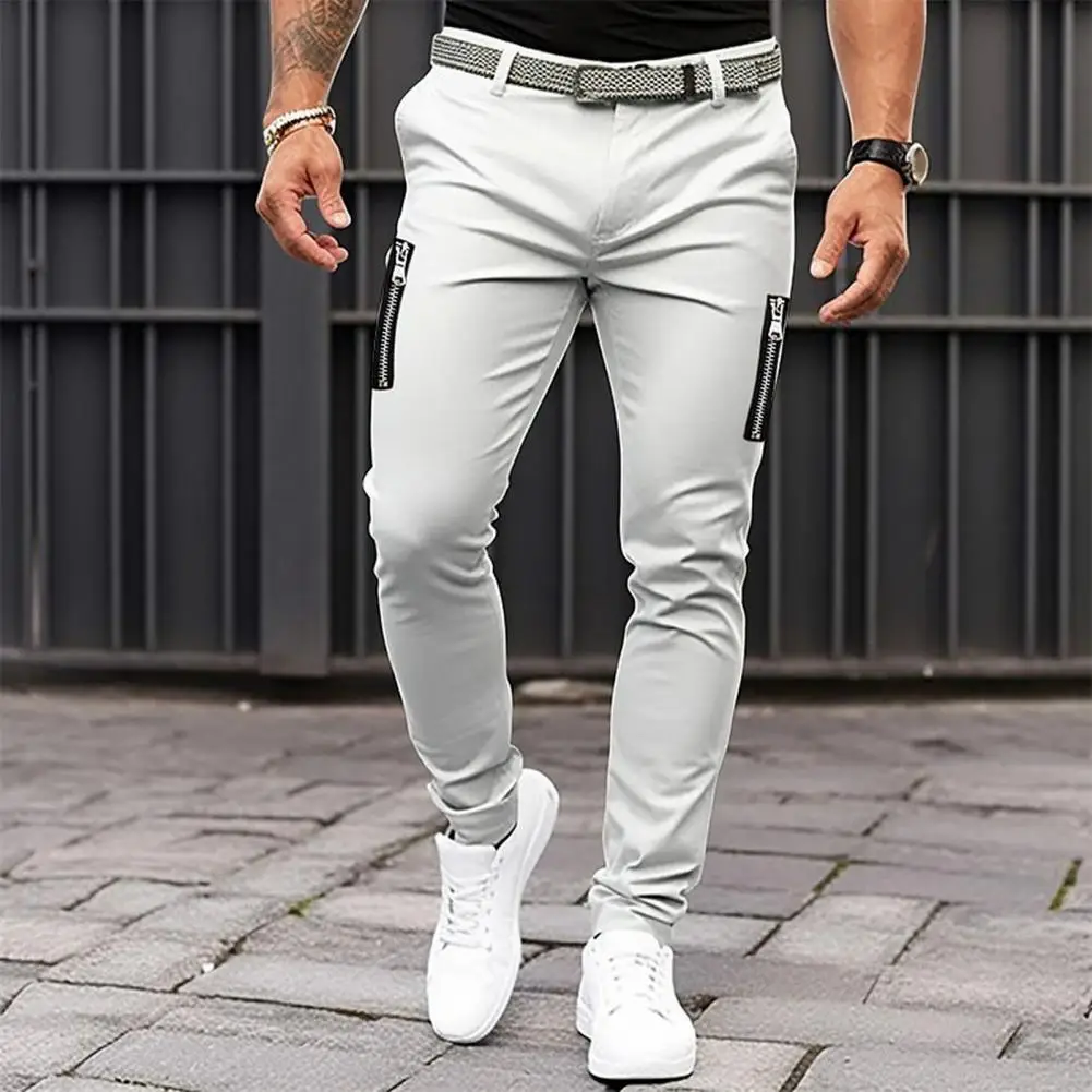 

Streetwear Pencil Pants Stylish Men's Zipper Decor Pencil Pants Soft Breathable Slim Fit Mid Waist Joggers with Button for Solid