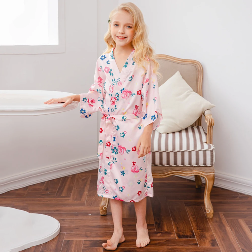 Girls Nightgown with Belt,Satin Silk Kids Bathrobes,Short Sleeve Sleepwear,Children's Kimono,Spa Cape Casual Homewear Pajama