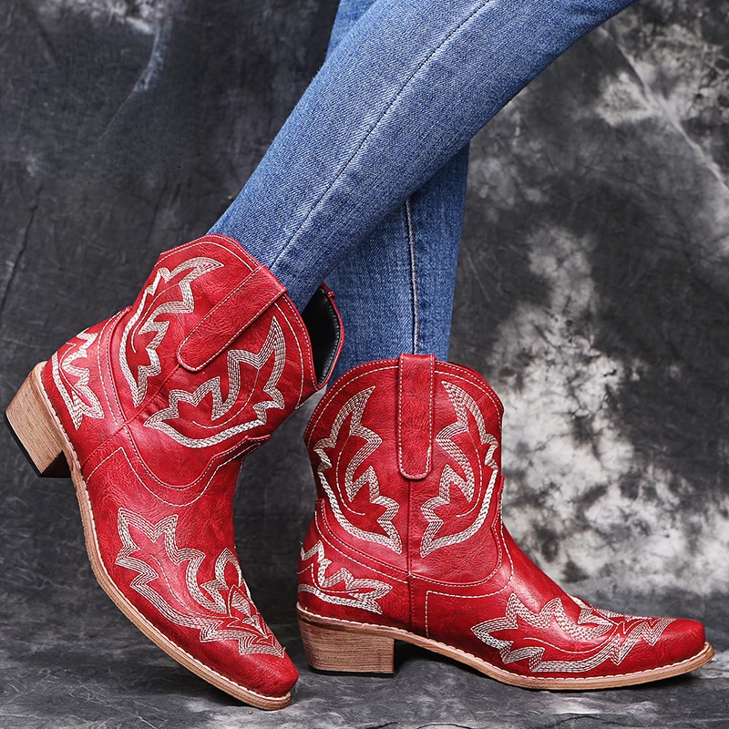 2023 Classic Embroidered Western Cowboy Boots for Women Pu Cowgirl Boots Low Heels Shoes Knee High Woman Ankle Boot Cowboy Botas