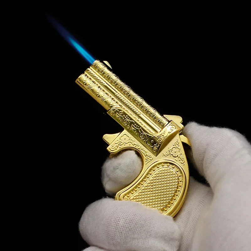 Mini Gun Shaped Dual Flame Lighter Metal Refillable Butane Gas Open Flame Lighter