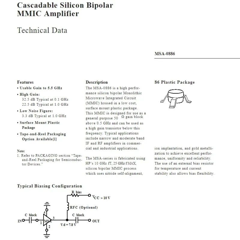 5개/몫 MSA-0886-TR1 A08 SMT-86 RF 증폭기 IC AMP ISM 0HZ-4GHZ 86 전기 음향 장치
