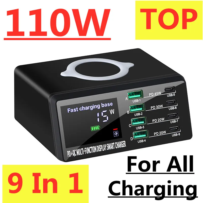 

New 110W Wireless Fast Charger Charging Station 8 Ports USB Charging Quick Charge 3.0 Adapter HUB PD free shipping