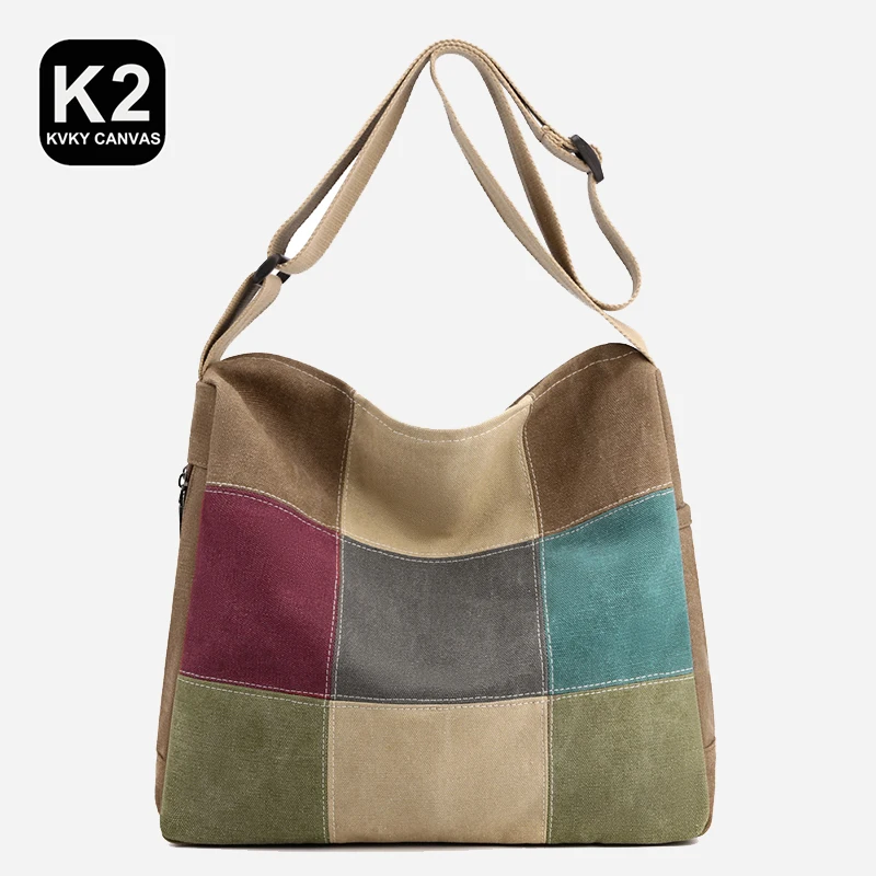 KVKY Patchwork Canvas Women Shoulder Bag Large Capacity Bag Shopping Tote Bag Pockets Canvas Messenger Bag Environmental Pouch
