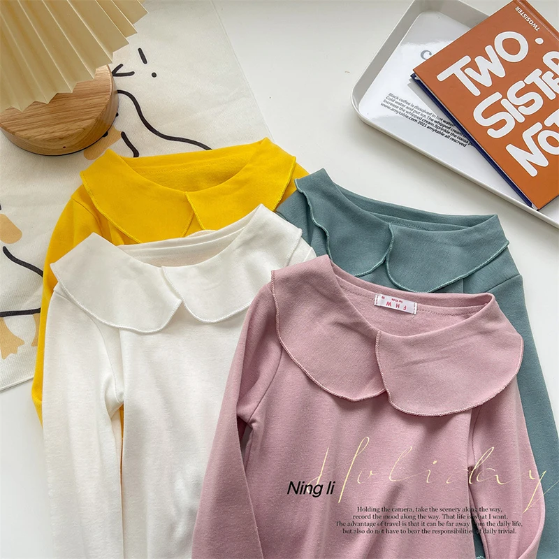 

2-6 Years Children Spring Cute Turn-down Collar Long Sleeve Cotton Tops Autumn Girls T-Shirt