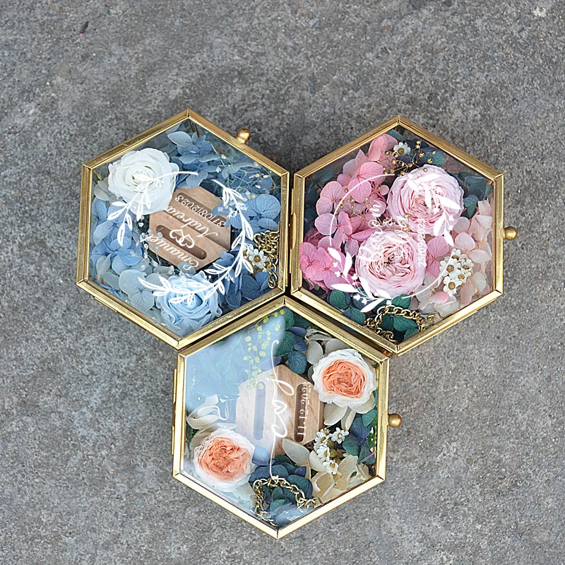 Custom Gold Glass Ring Box with Flower Hexagon Jewelry Display Box