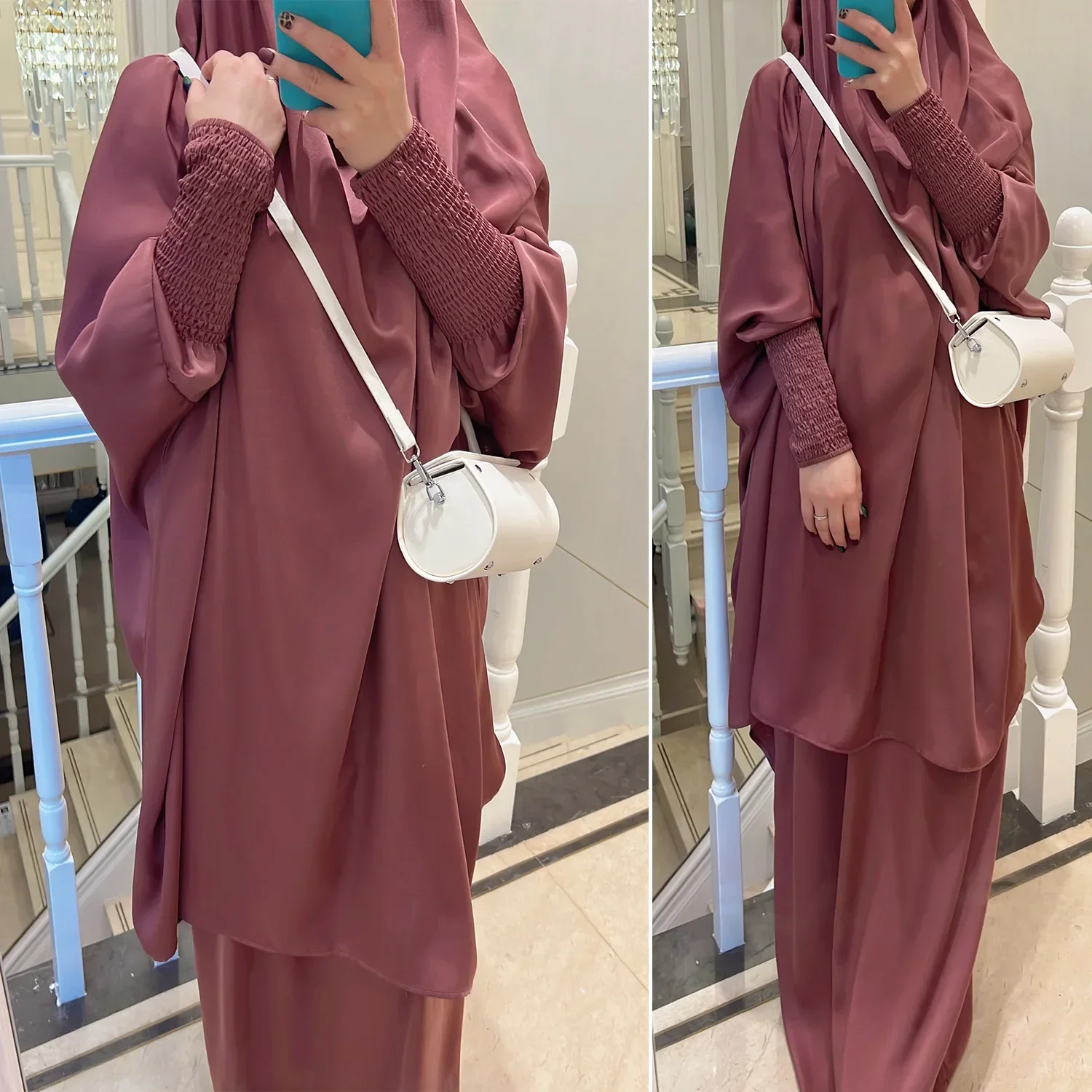 Satin Khimar Abaya Set for Women Jilbab 2 Piece Islamic Abayas with Skirt Ramadan Eid Muslim Prayer Clothes Dubai Turkey Niqab