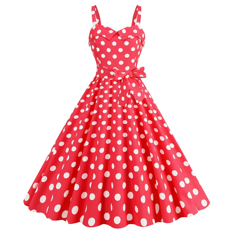 

Summer Women's Retro Belt Barbie Pink Suspender Dress Party Casual Polka Dot Checkered Printed Dress Slim Fit Large Hem Skirt