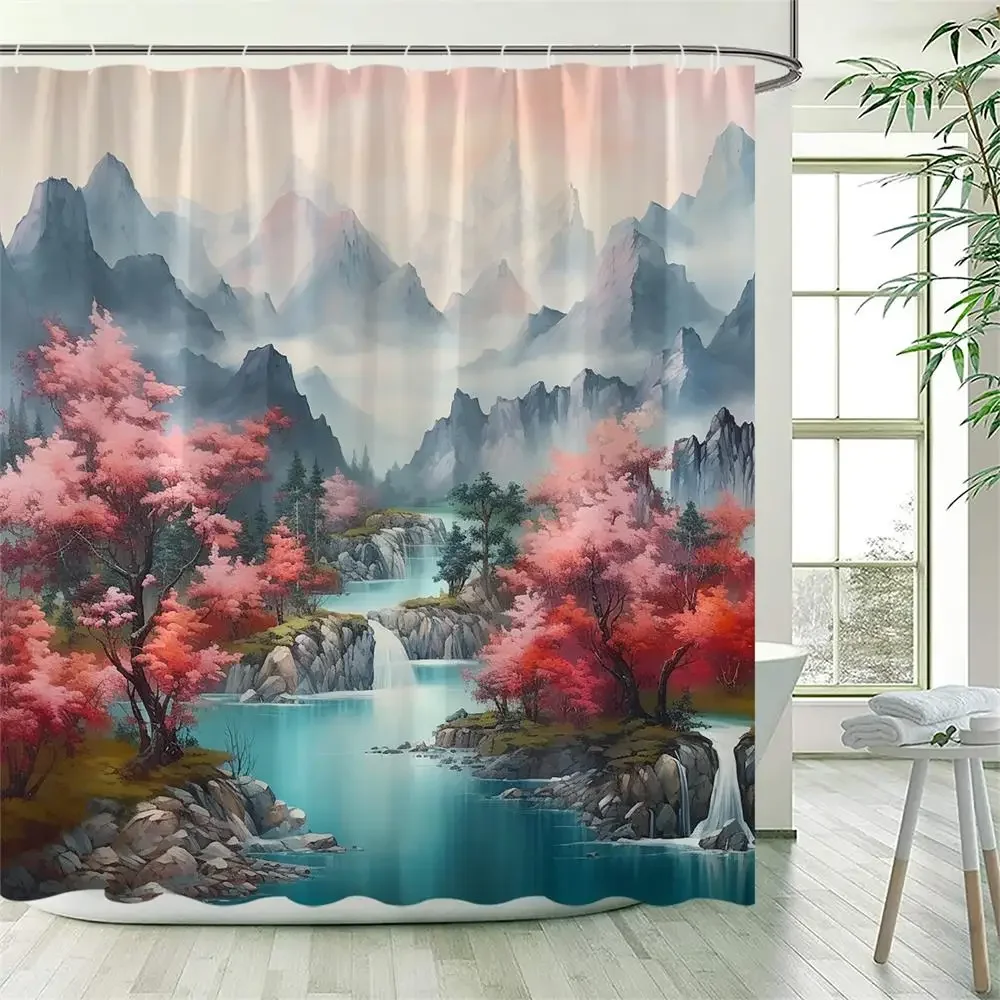 Japanese Style Shower Curtains Green Bamboo Koi Carp Tropical Cactus Mountain Water Landscape Fabric Bathroom Decor with Hooks 6