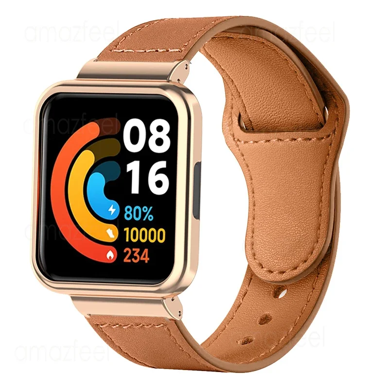 

Leather Strap For Redmi Watch 2 Lite/ Watch 3 Active Watch Band Metal Case Protector for Xiaomi Mi Watch Lite Bracelet Frame