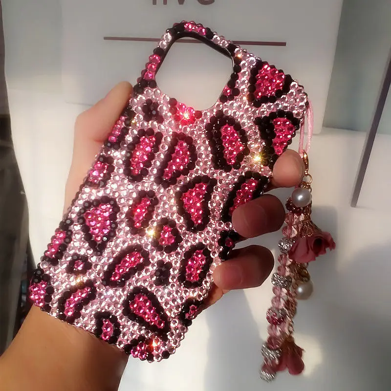 Rose Red Leopard Print Rhinestone with Crystal Hanging Chain Phone Case for Samsung Galaxy S24 S24Plus S23 S20FE S20 S20Plus