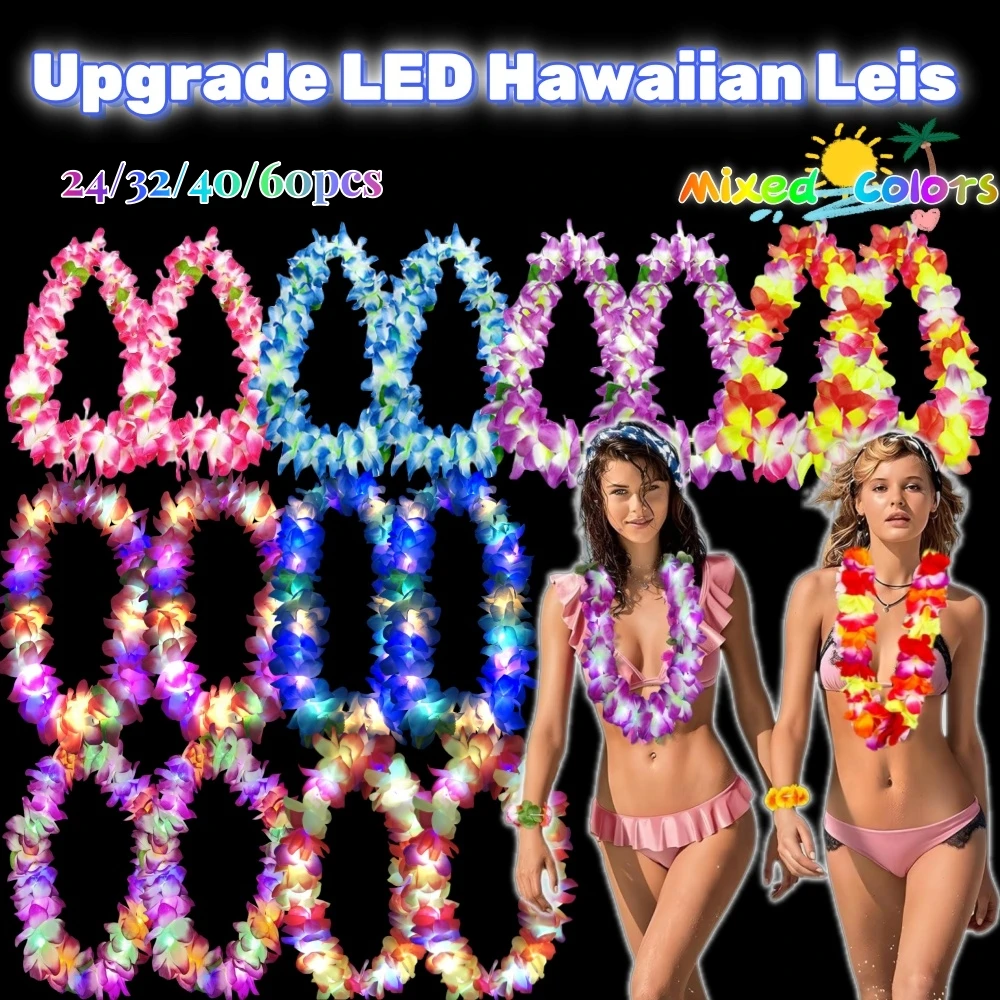 Glow Flower Lei Necklace 24/32/40/60PCS Upgrade LED Hawaiian Leis Light Up Wedding Glow Necklace Leis Hawaiian Party For Beach Party Themed Supplies