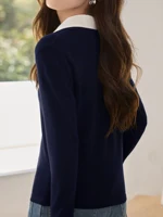 Women's solid color long-sleeved POLO shirt neckline contrast design, spring and autumn fashion casual daily knitted tops. - Image 2