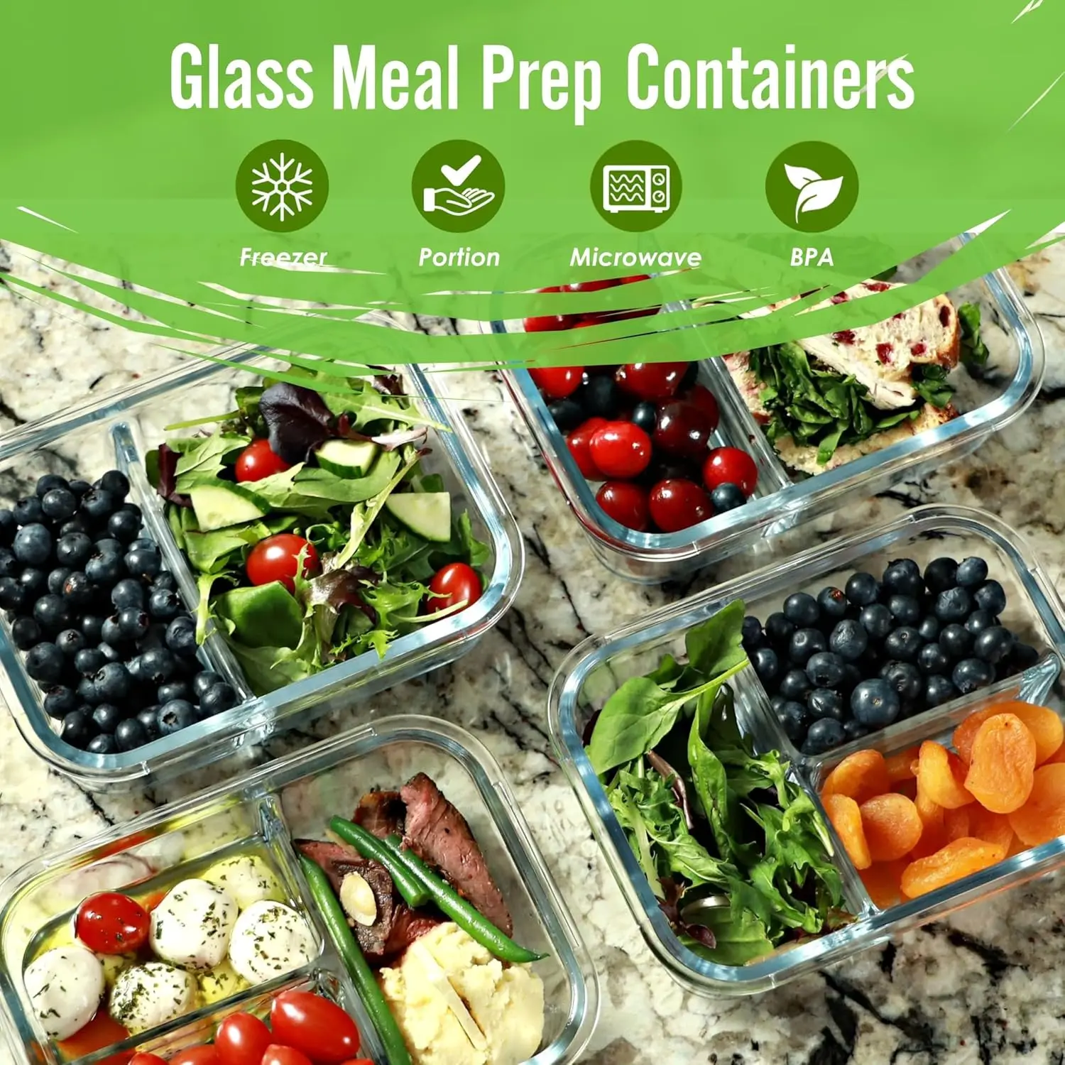 Glass Meal Prep Containers, 2 & 3 Compartments-Portion Control, Lunch Container Set, Food Storage, Airtight Lids, Oven & Freez