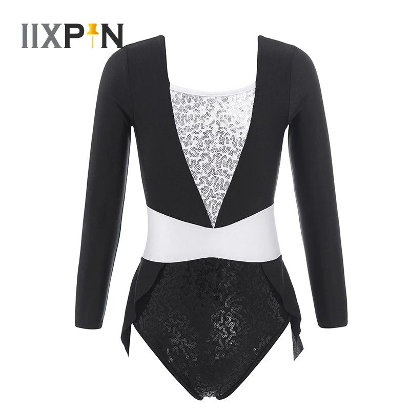 Kids Girls Ballet Costume Long Sleeve Shiny Sequins Hollow Back Ballet