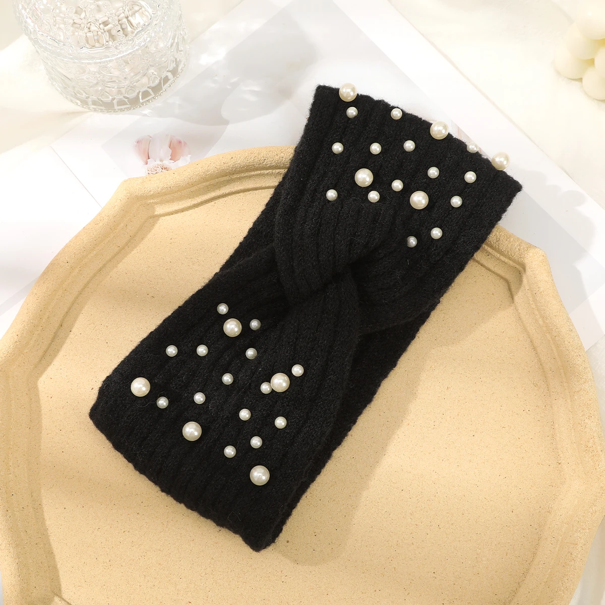 Autumn Winter Turban Bandage For Women Cold-Proof Knitted Wool Hairbands Headband Bandana Fashion Korean Pearl Hair Accessories