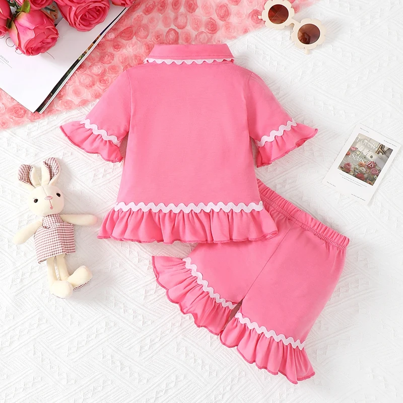 

Baby Girl Easter Pajama Set Lapel Neck Short Sleeve Button Down Tops Elastic Waist Frill Trim Shorts Infant Toddler Sleepwear