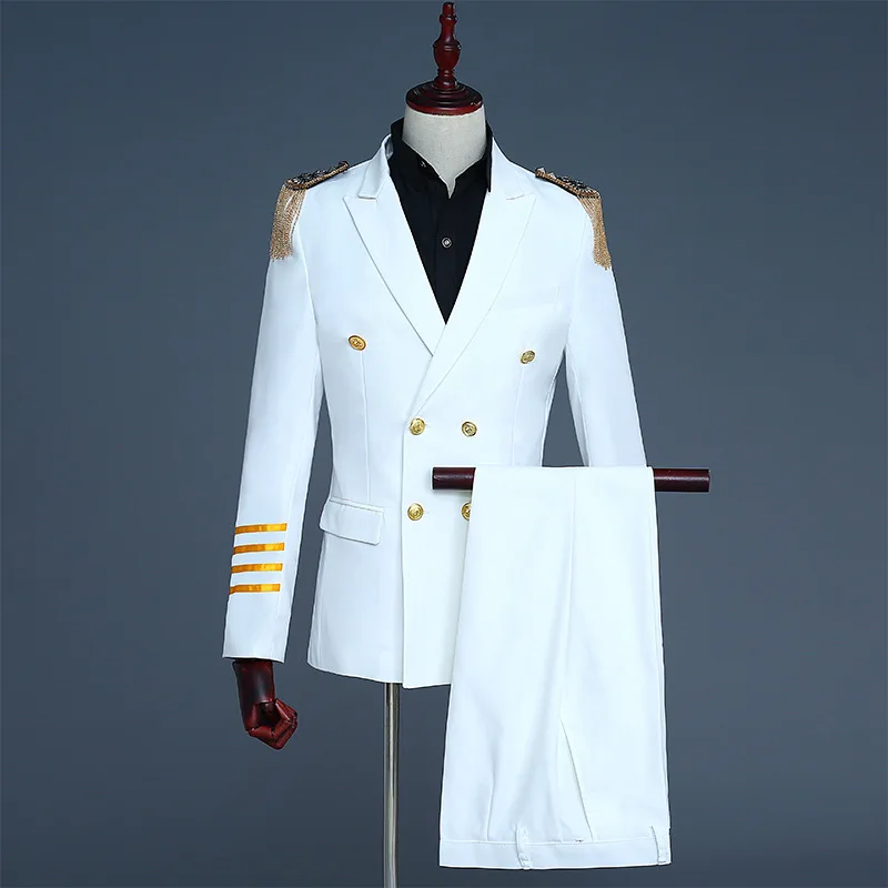 

Captain Officer Sailor Peacoat Costume Mens Blazer Suit Fringe Marching Band Jacket Uniform For Adult Coat+Pant Men Clothes