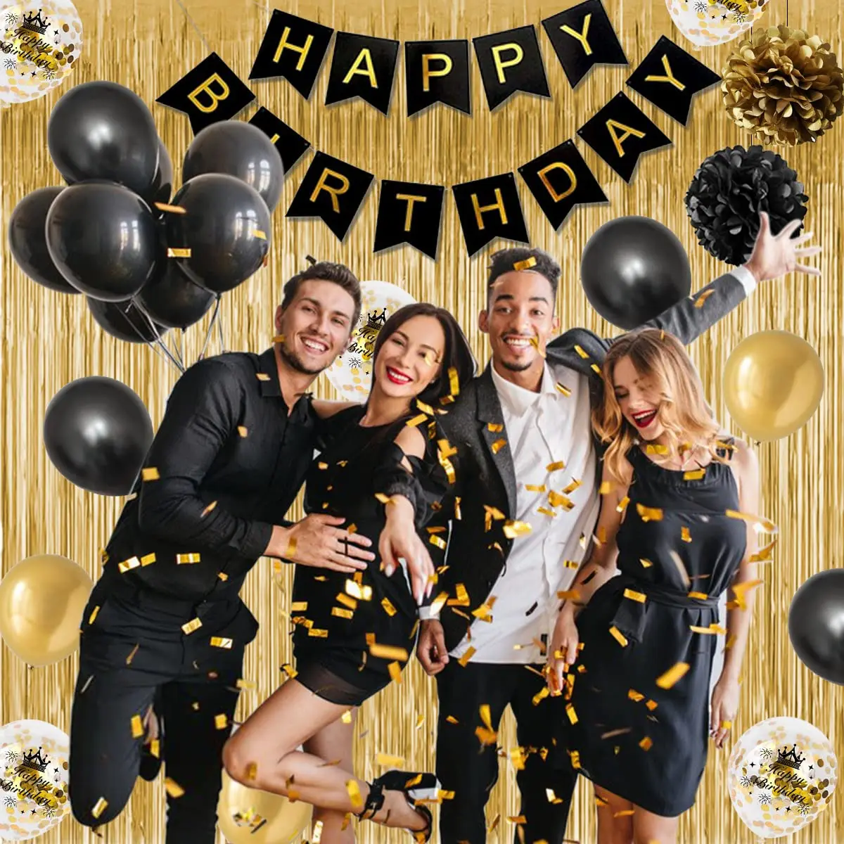 51 Pcs Gold and Black Party Decorations Kit Birthday Balloon Boxes with  Balloons and LED Light Strings Gold and Black Birthday Backdrop Photo Props