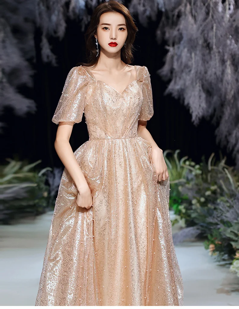 Long Evening Dresses 2021 Elegant Sweetheart A-line Floor-length Simple Beaded Lace Women Prom Gowns With Short Sleeves red evening gowns