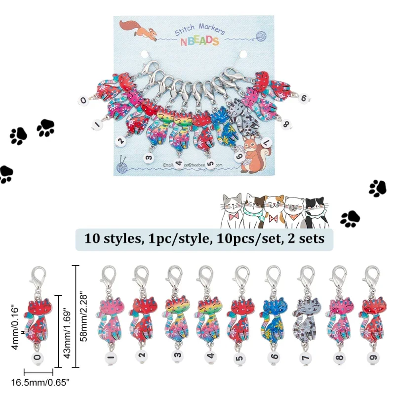 

20PCS Alloy Enamel Cat with Number Pendant Locking Stitch Markers Zinc Alloy Lobster Claw Clasps Stitch Marker 10 style