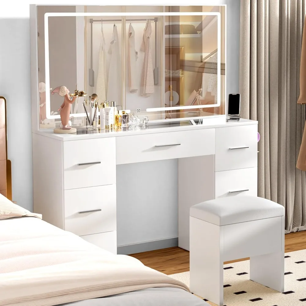 Makeup Vanity Desk with Power Outlet, 7 Drawers Vanity Table with Cushioned Stool, 3 Lighting Modes Brightness Adjustable,White 3