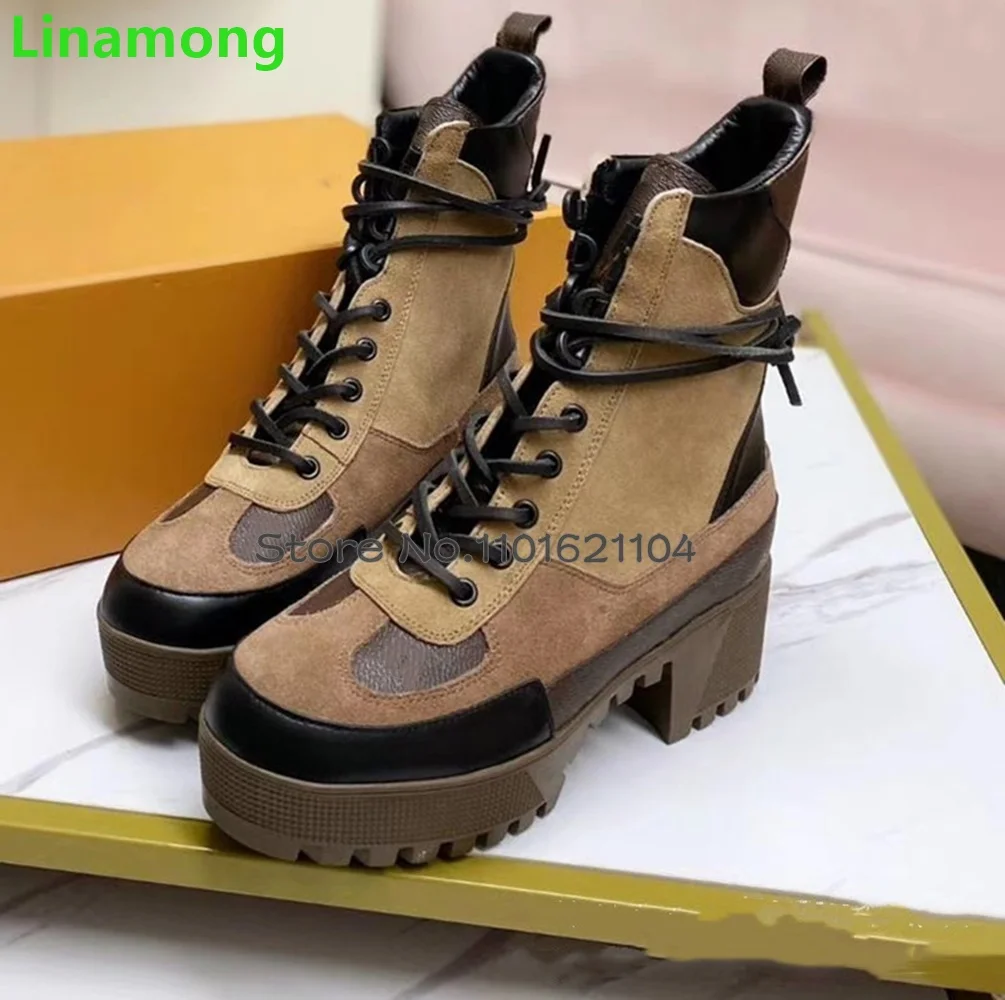 Thick Sole Square Heel Lace-up Boots For Female Women 2023 New Round Toe Ankle High Mixed Colors Fashion Luxury Design Boots
