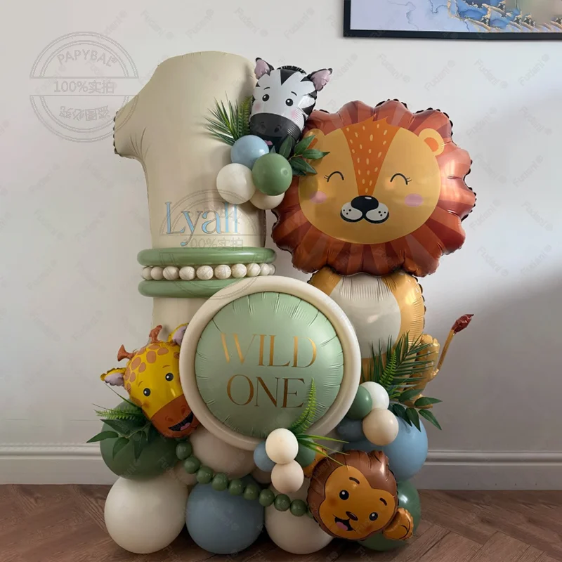 45-teiliges Löwen-Giraffen-Ballon-Set Cremeweiße Zahlen-Geburtstagsballons Dschungeltier-Thema Geburtstagsparty-Dekoration