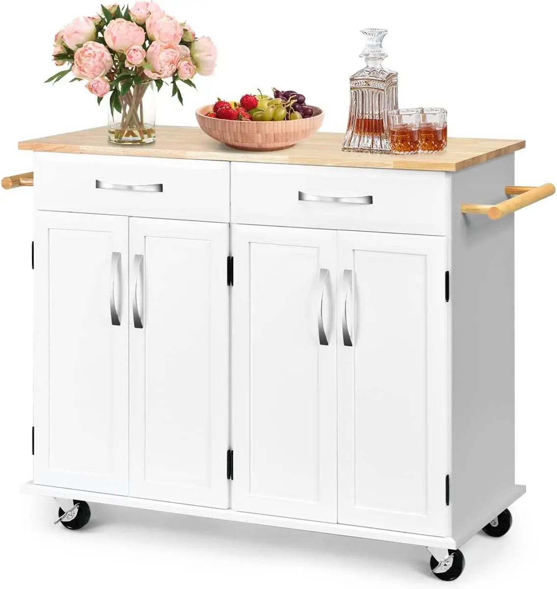 

Kitchen Island Cart, Mobile Serving Trolley Cart with Rubber Wood Top, 2 Drawers, 2 Cabinets, 2 Towel Racks,Utility Storage Cart