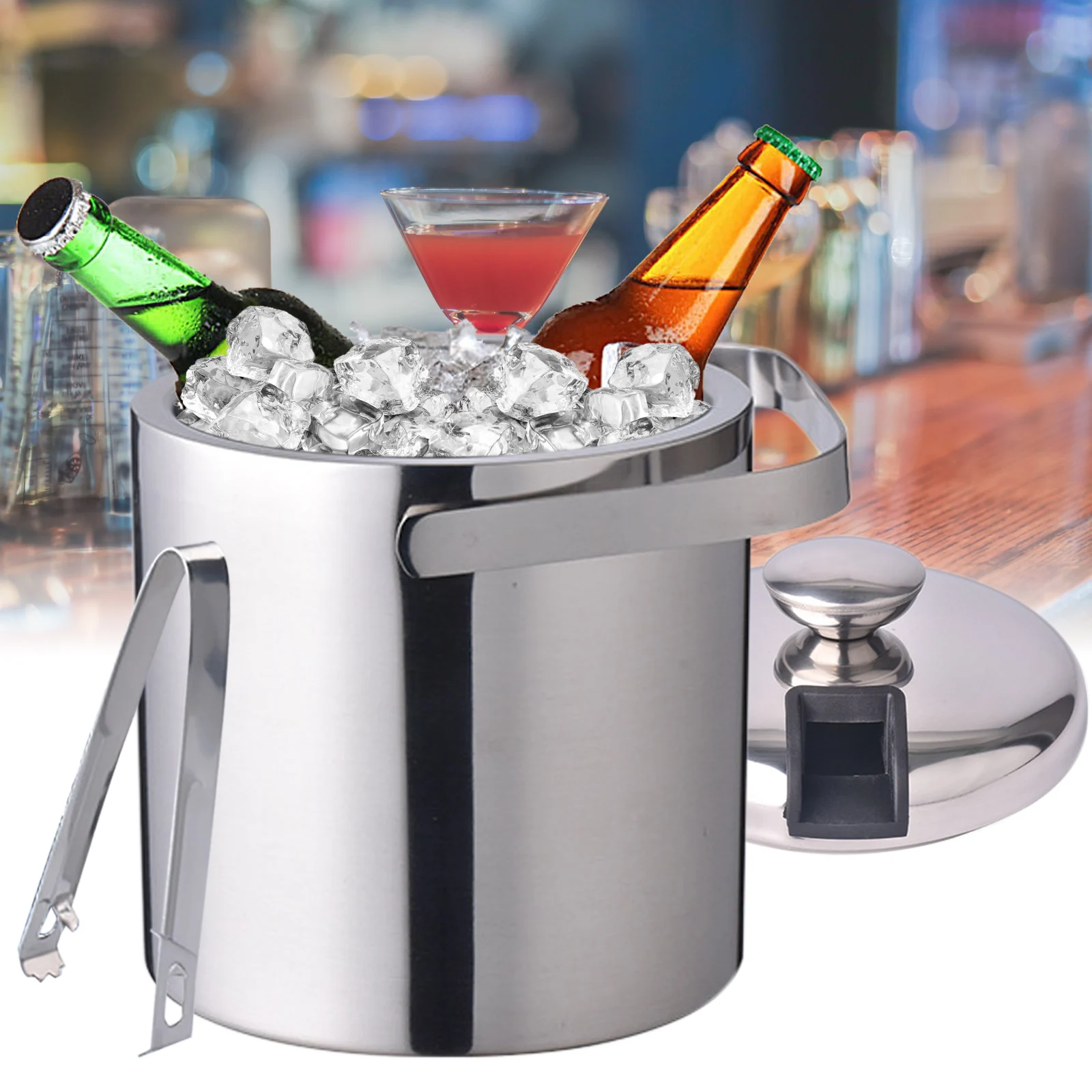 Ice bucket Stainless Steel with Lid and Ice Tongs Cooler Cube Container 1.3L Stainless Steel with Tongs
