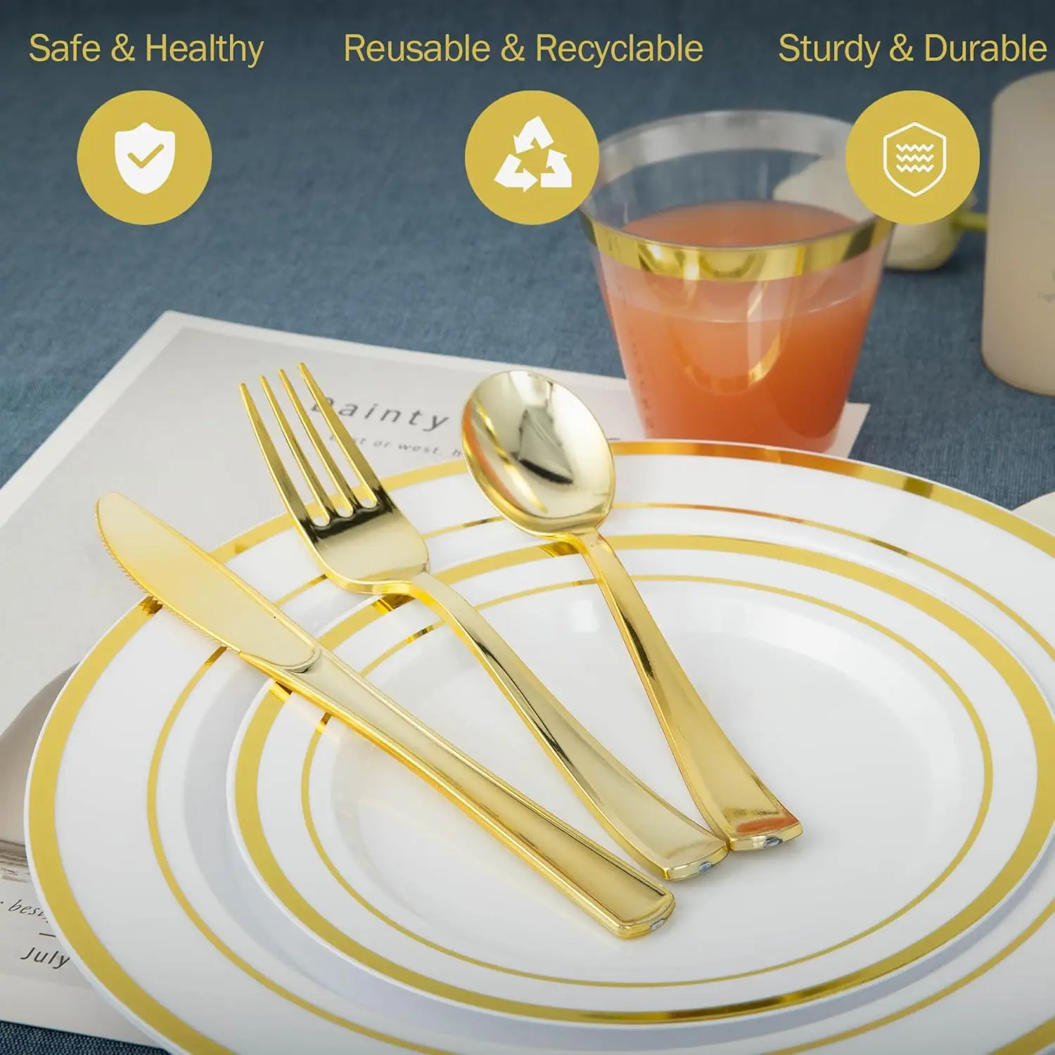 600PCS Disposable Plastic Plates Gold Plastic Dinnerware Set Includes 100 Dinner Plates Dessert Cups Spoons Forks Knives