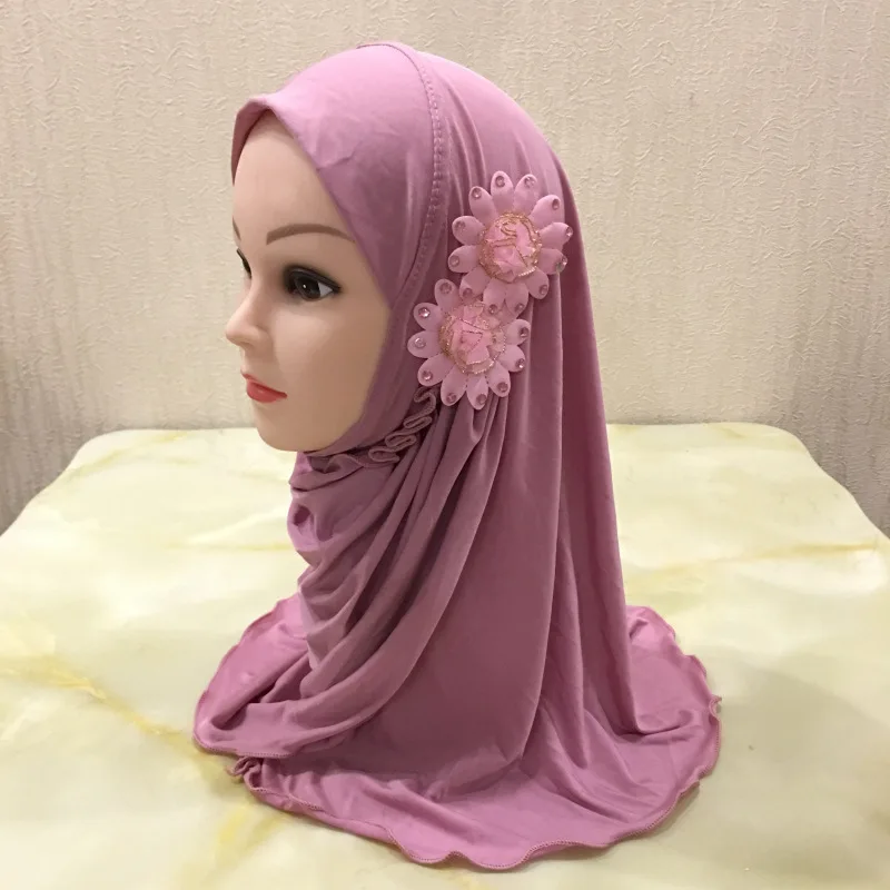 

Fashion Flower Two Plain Islamic Underscarf Children Stretch Spandex Soft Muslim Cap Bonnet Girl Inner Hijab