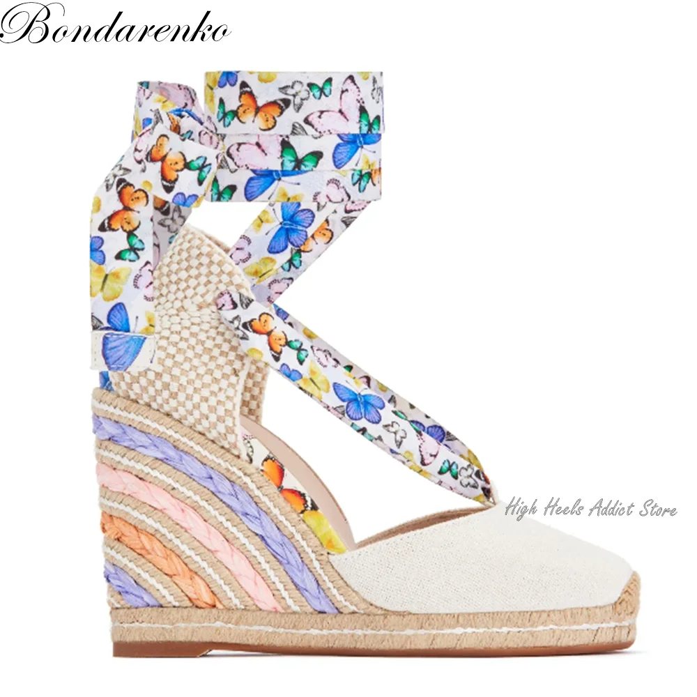 

Butterfly Ribbon Espadrille Wedges Sandals Women Summer High Heels Luxury Designer Cover Heel Beach Shoes for Ladies on Offer