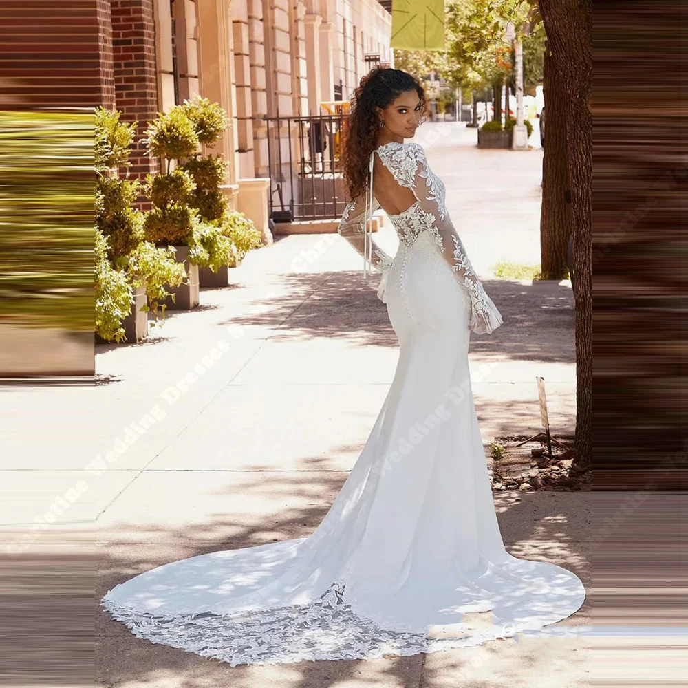 Elegant Long Sleeves Women Wedding Dresses Lace Printing Mermaid Wedding Gowns Mopping Length Ball Vestidos De Novias Customized 2